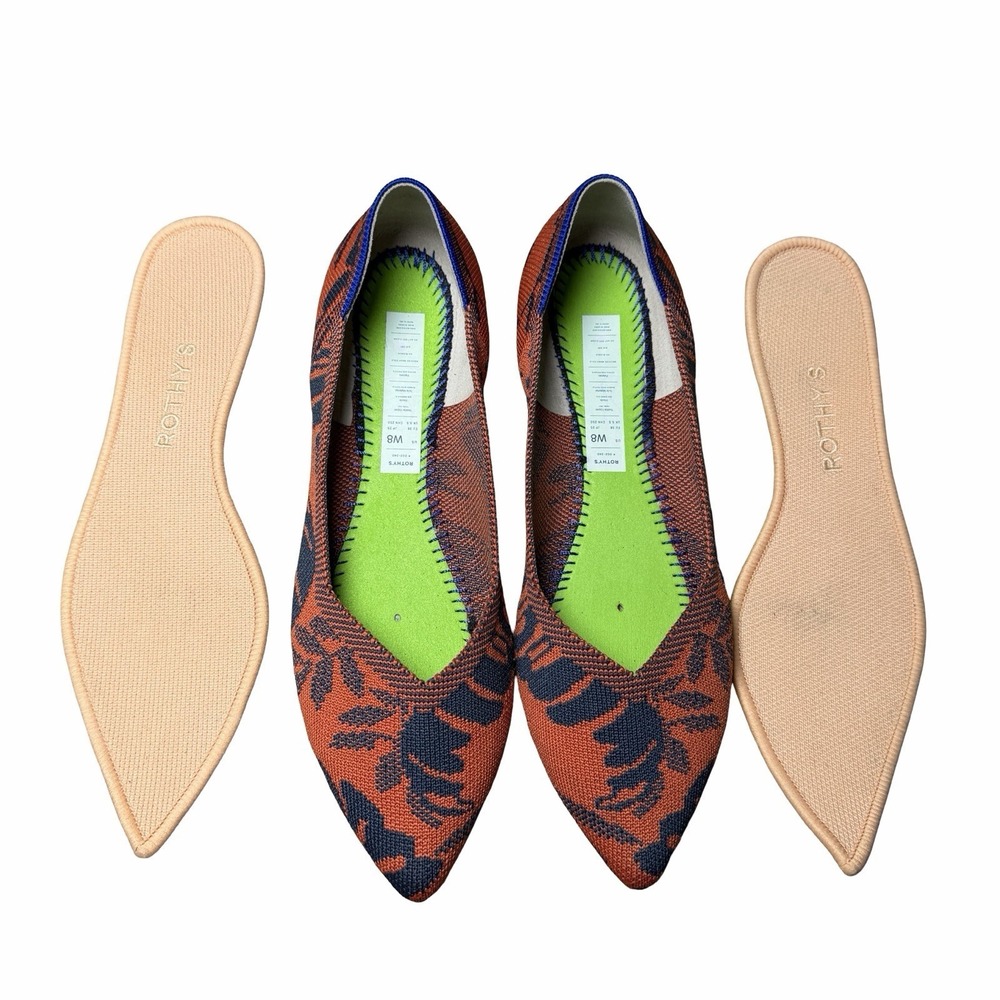 Rothy's The Point Flats W8 Sunset Floral Burnt Orange Navy Knit Slip On Shoe - Picture 6 of 14